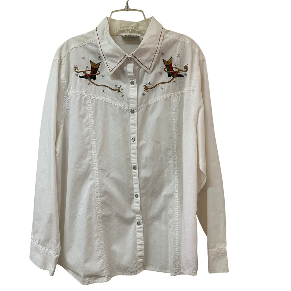 Bill Blass Jeans White Embroidered Western Cowboy Boot Snap Shirt Plus 2X